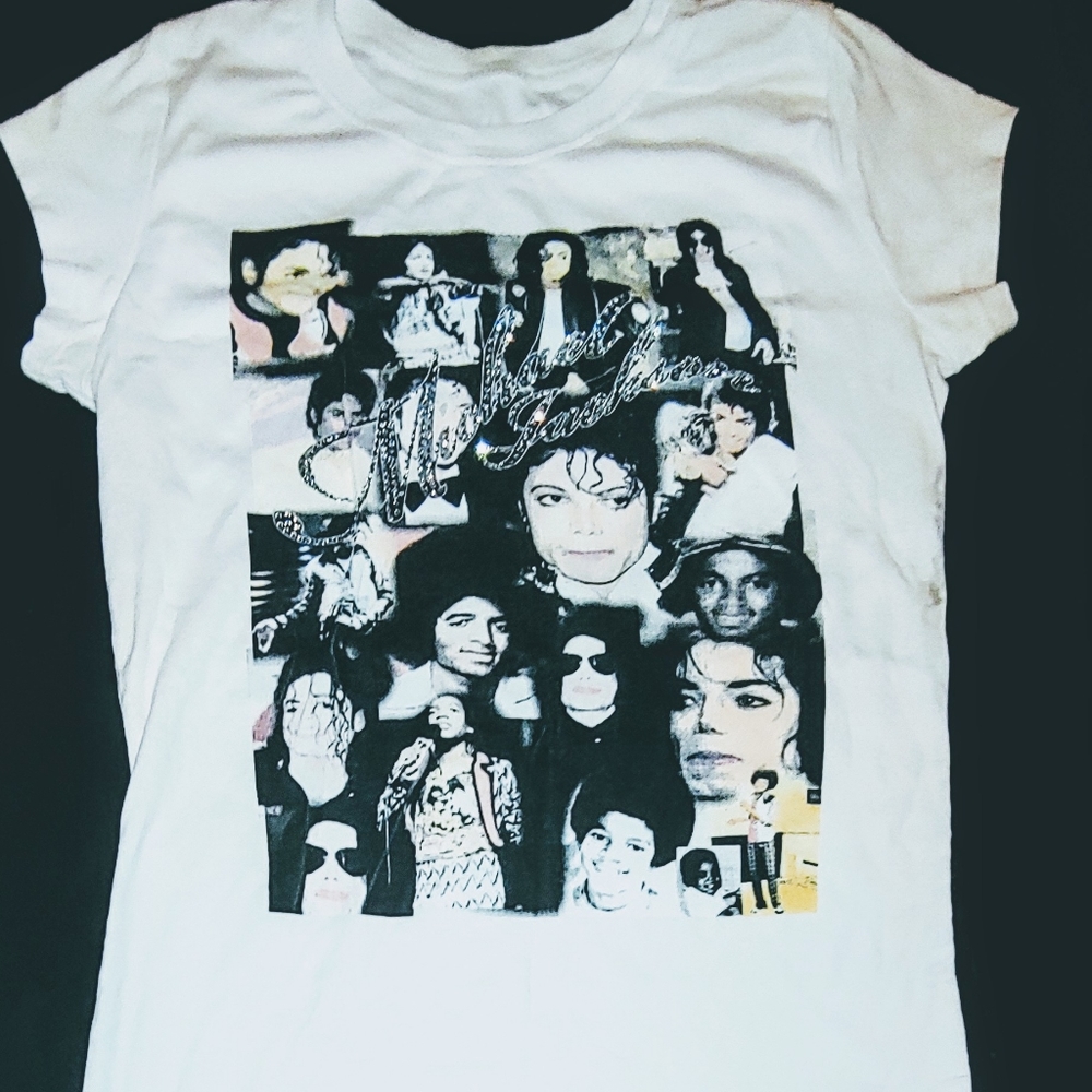 Michael Jackson White Tee Shirt The Many Faces thru the years Size Small